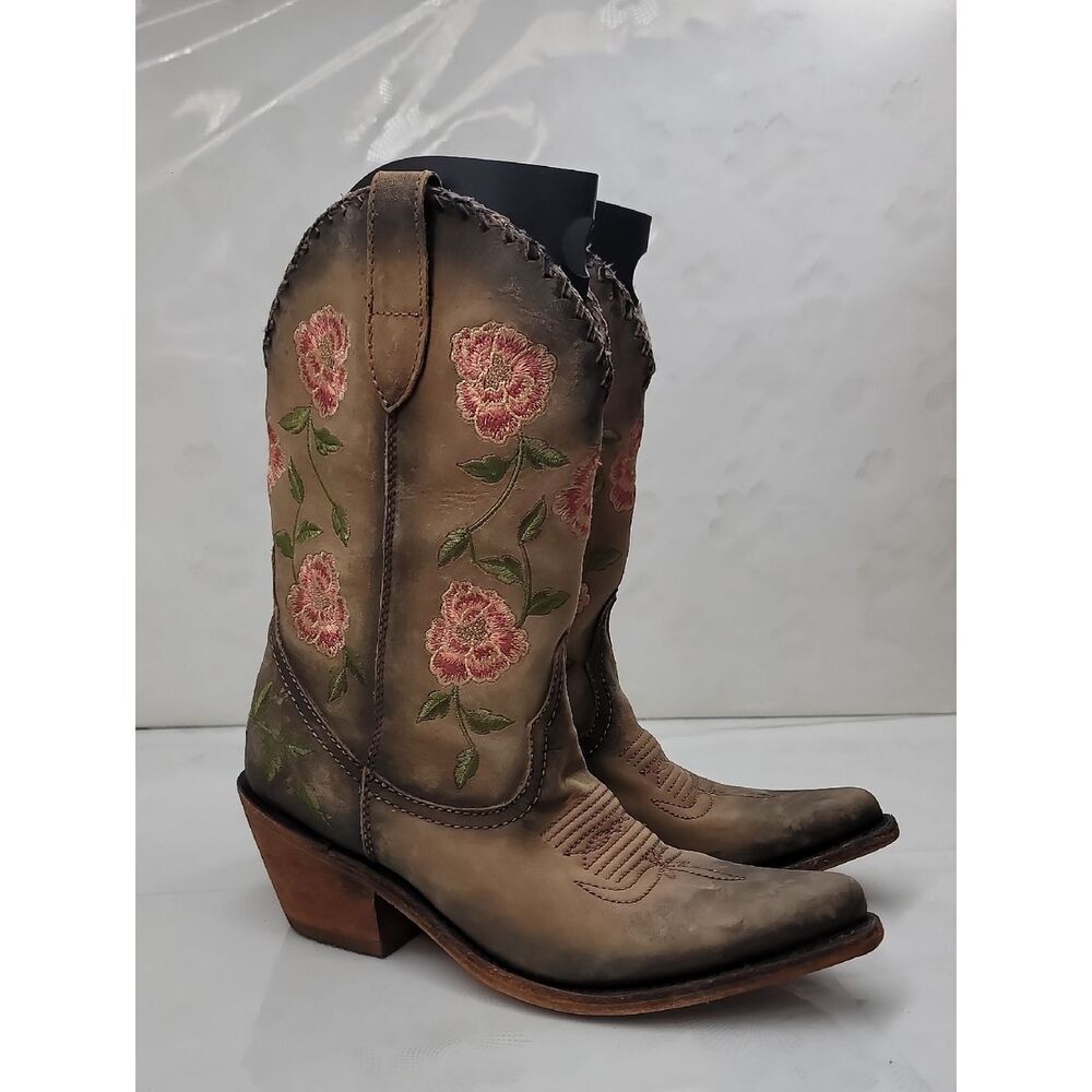LIBERTY Black Nina Rose Western CowboyBoots with Pink Floral Embroidery Size 8.5